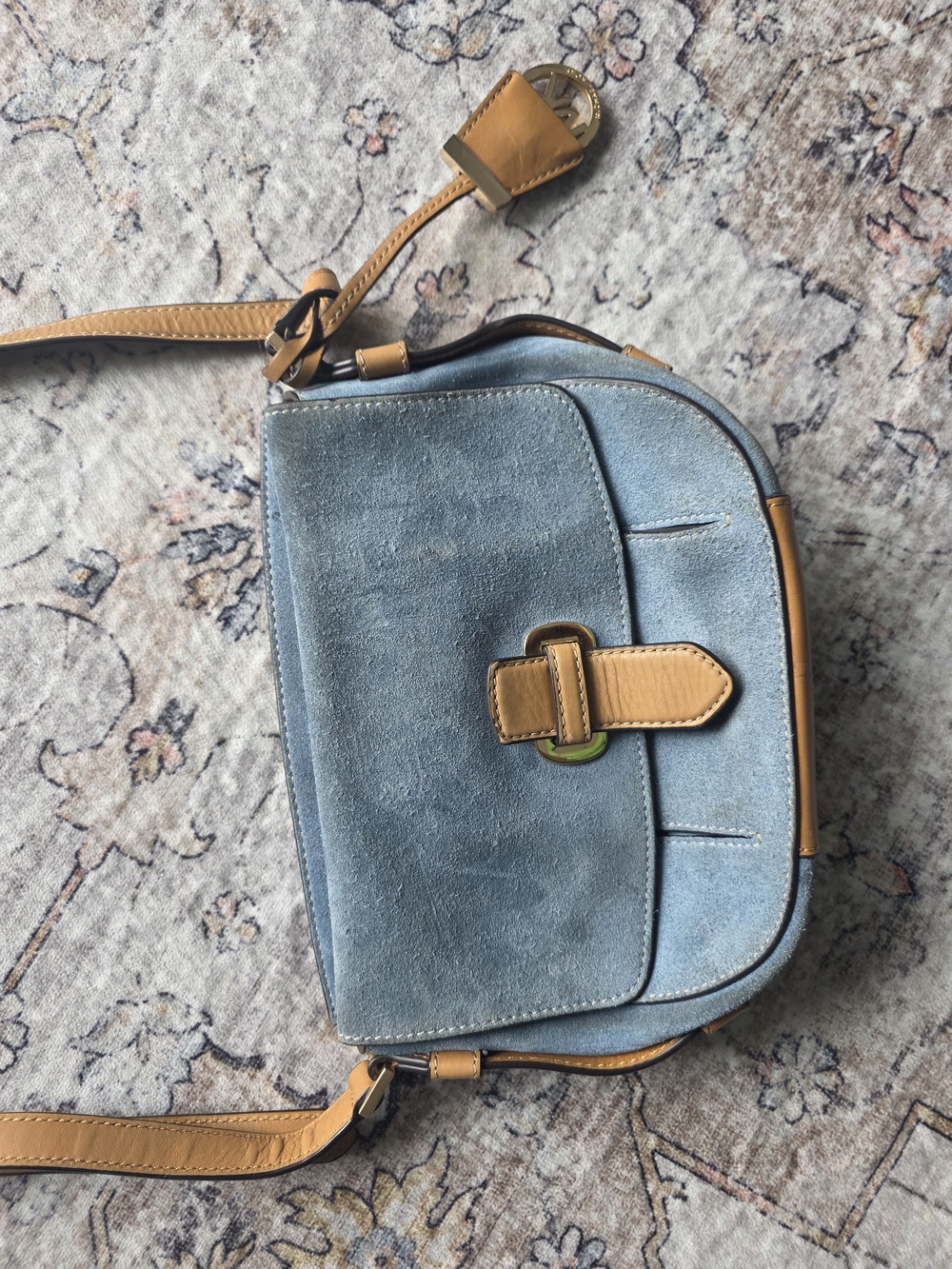 Michael Kors Romy Light Blue Suede Crossbody with Tan Trim